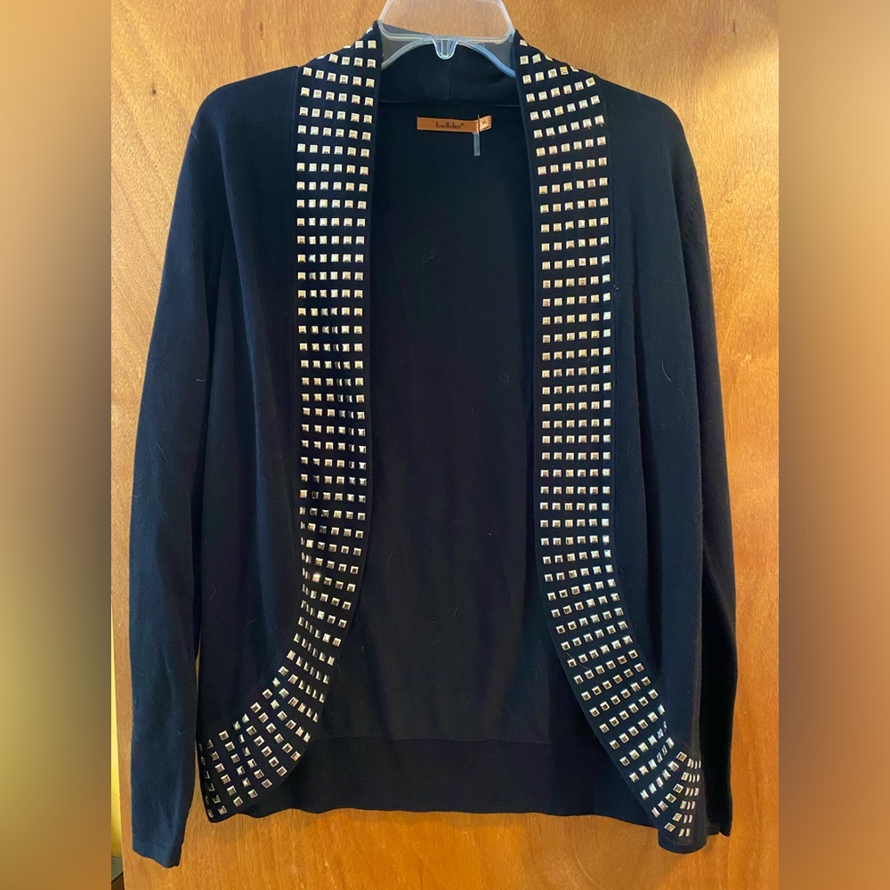 Womens Black Open Cardigan Sweater with Metal Embellishment - Size XL
